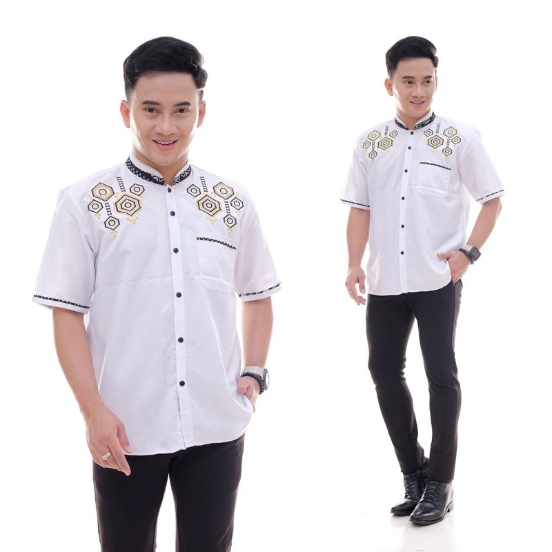Product image Batik Alfin - Baju koko pria dewasa kombinasi bordir Lengan pendek modern terbaru bagus banget M Koko putih