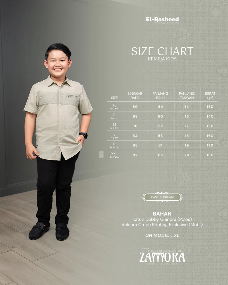 Product image Yasmeera Official - SARIMBIT 2026 ZAMORA SERIES WARNA CASTLE CREAM XS KMJ ANAK L. PENDEK