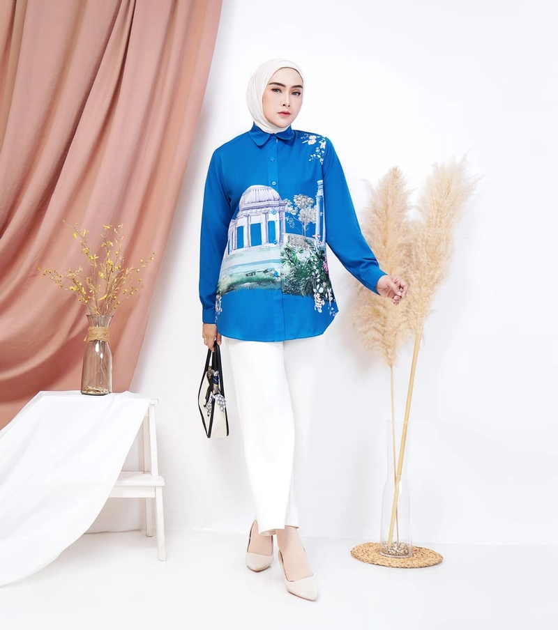 Product image Syahrinda [TA] - Kemeja Atasan Kancing Ayudia Bunga Turkey Zaralia Silky Standar Bigsize size 38 Turqoise