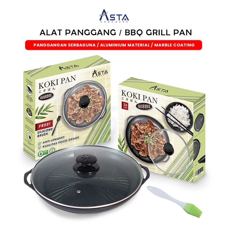 Product image Asta Panggangan Anti Lengket Grill Pan Tutup Kaca BBQ Koki Pan Food Grade 34 cm Size Kokipan Oishi