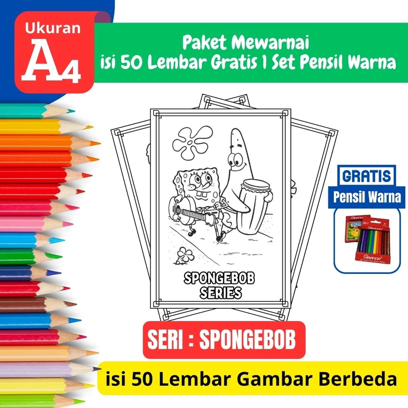 Product image FEID Store - [ EDISI SPONGE BOB ] Promo Paket Mewarnai isi 50 Lembar Gratis 1 Set Pensil Warna - A4 Tebal A4 TEBAL