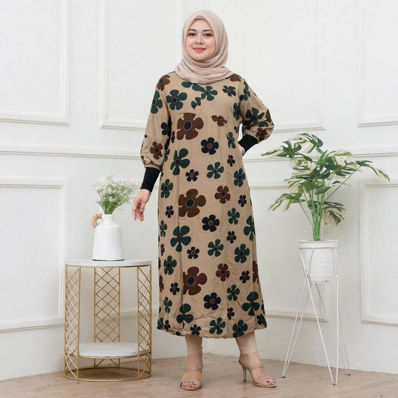 Product image Disya.id - Dress Gamis Wanita Bahan Rayon Resleting Depan Bunga Ceplok LD 120cm Hijau
