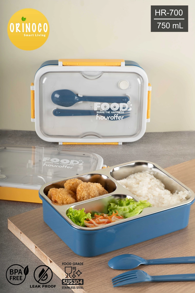 Product image Houroffer HR-700 Lunchbox Stainless 3 Sekat Anti Bocor Anti Campur 750 ML dengan Sendok & Garpu 750 Navy Yellow