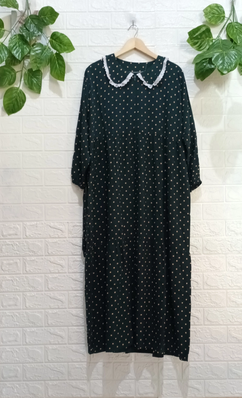 Product image Fisky Collection - Gamis Pinkan Poky Rayon Motif Polka All Size Hijau Botol