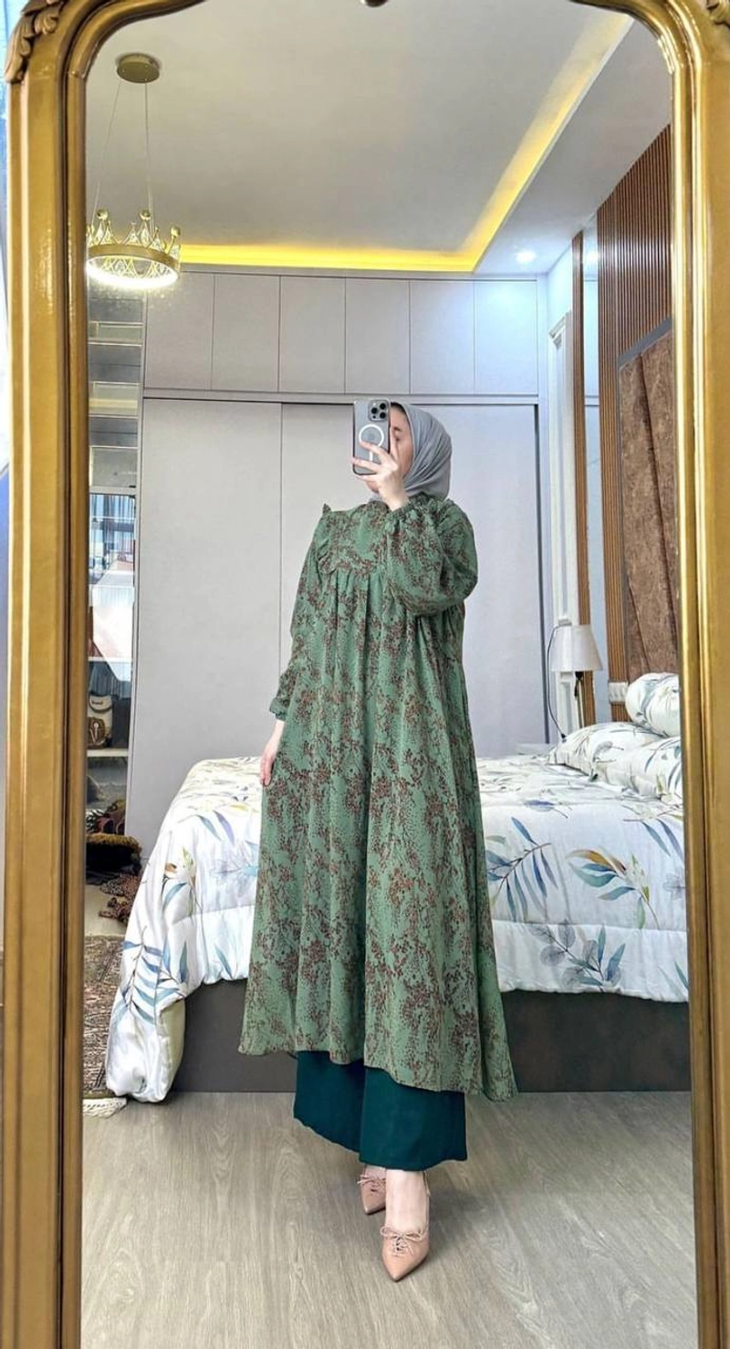 Product image Khisna collection - New set long tunik melati rufel wanita dewasa terbaru dan bagus banget Allsize Hijau