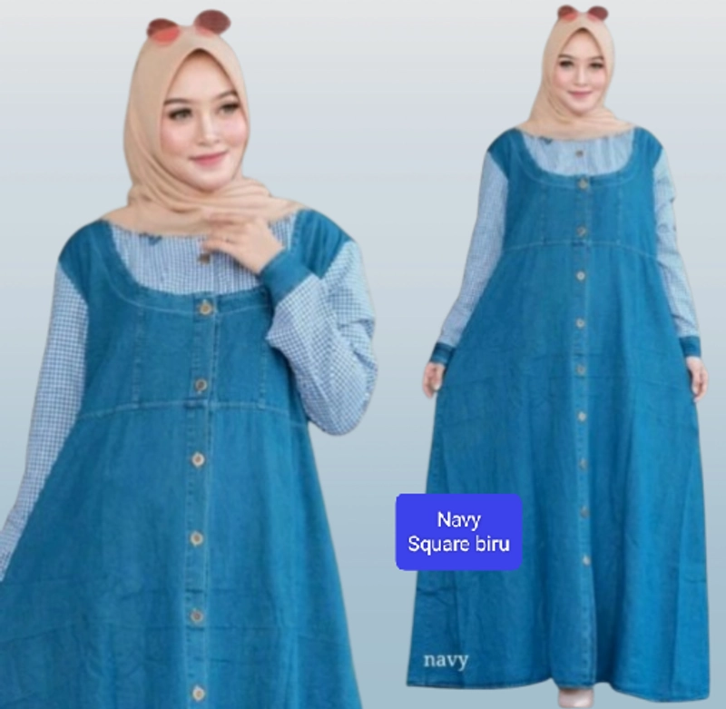 Product image Bursanekashop - REYNA MAXY JELITA / GAMIS JEANS MUSLIMAH / REISA MAXY / DRESS JEANS GAMIS JUMBO XL NAVY COMBI BIRU