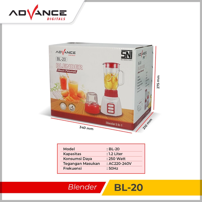 Product image Advance Digitals Indonesia - Blender BL20 / BL-20 Tabung Kaca Multifungsi dan Foodgrade 1.2 Liter Merah