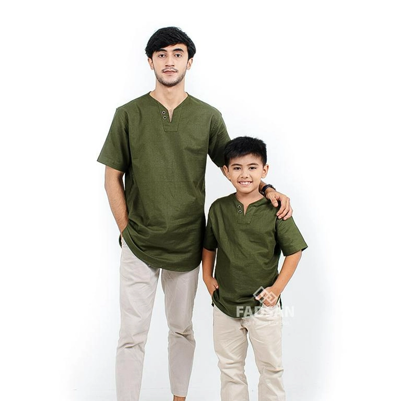 Product image FADSAN - Baju Couple Ayah dan Anak Koko Muslim Bahan Katun Linen Lengan Pendek Warna Army - Mono Series SIZE ANAK XS MONO ARMY