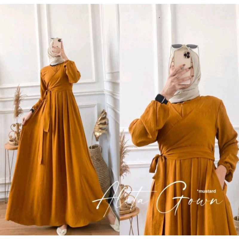 Product image MEQA DAILY - MEGA DAILY - Gamis Aleta Airflow Crinkle Dan Hyget Super Bahan Hyget Super Kuning