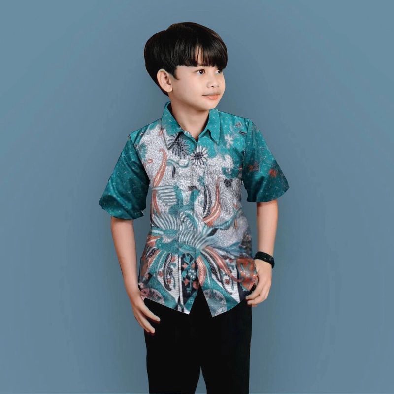 Product image Batik Alfin - Baju Batik uk anak modern terbaru Lengan panajang dan Pendek bagus banget M Hem anak hijau