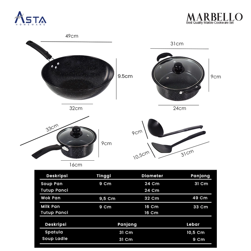 Product image Asta Panci Set Marbello Lengkap 7 Pcs Anti Lengket Kitchen Set warna Hitam Marble