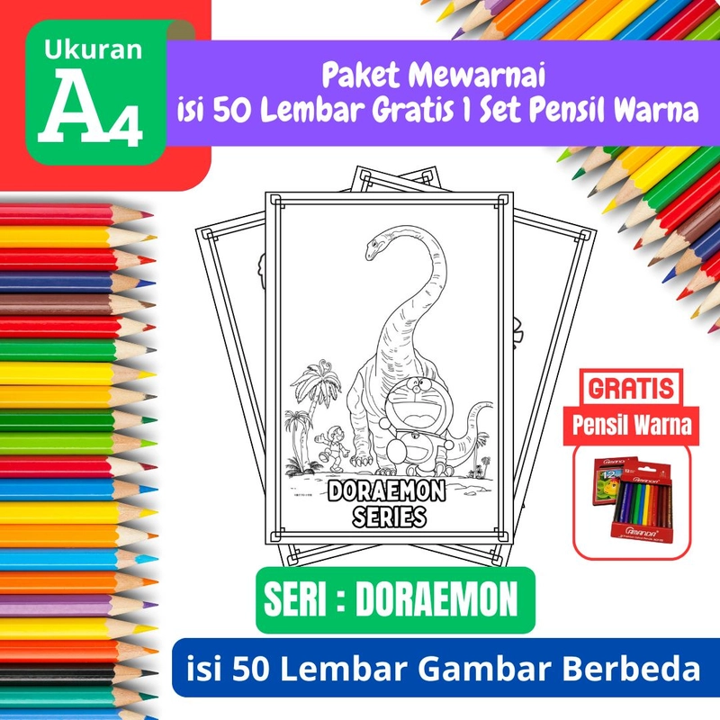 Product image FEID Store - [ EDISI DORAEMON ] Promo Paket Mewarnai isi 50 Lembar Gratis 1 Set Pensil Warna - A4 Tebal A4 TEBAL
