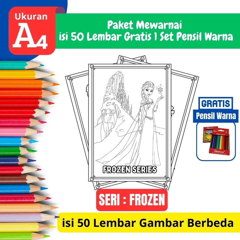 Product image FEID Store - [ EDISI FROZEN ] Promo Paket Mewarnai isi 50 Lembar Gratis 1 Set Pensil Warna - A4 Tebal A4 TEBAL
