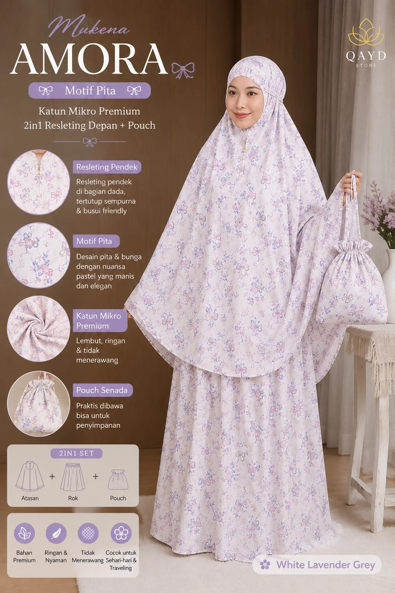 Product image qaydstoreid - Beli 1 Gratis 1 Mukena Amora Motif Pita-Katun Mikro Premium 2 in 1 Resleting Depan + Pouch All Size White lavender grey