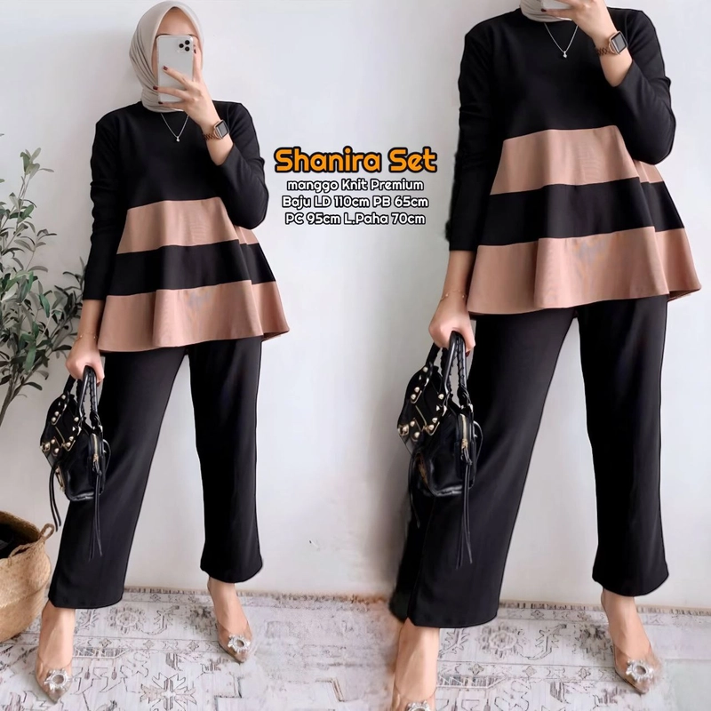 Product image Valencia - Shanira Set - One Set Wanita Manggo Knit Premium Setelan Wanita Kekinian Lengan Panjang Set Celana B All Size Hitam