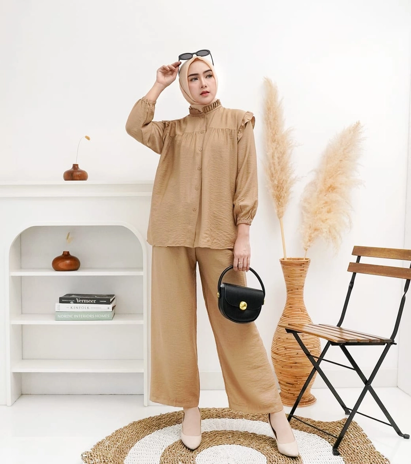 Product image Giat Makmur [TA] - Setelan Katun Polo LInen Premium Kerah Hijab Model Rempel Allsize Hitam
