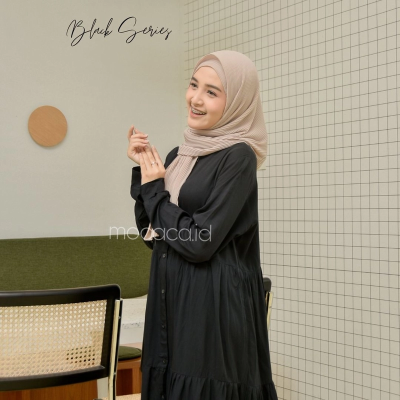 Product image mocaca id - Gamis Polos Premium Babydoll Lady Dress Rayon Twill Full Kancing Hidup Busui Hitam ALL SIZE HITAM