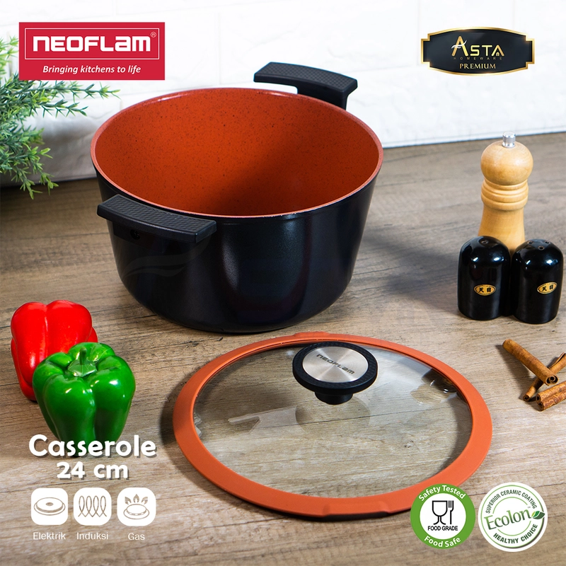 Product image Asta Premium Casserole Panci Sup Anti Lengket Neoflam Ceramic Coating Tutup Kaca Premium 24 cm Ukuran Casserole 24 cm