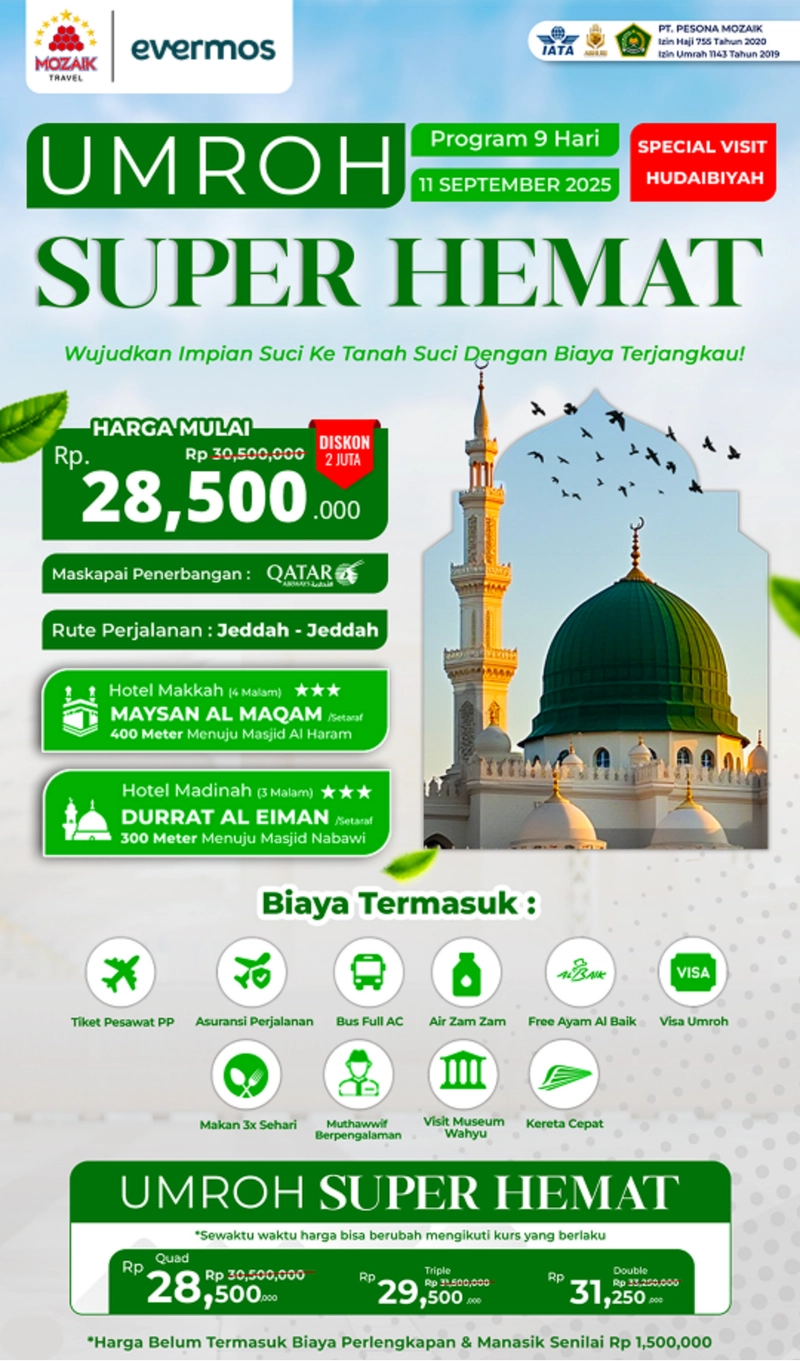 Product image [25 PERSEN] 11 September - Umroh Super Hemat (Hudaibiyah) 9 Day 25 PERSEN Quad