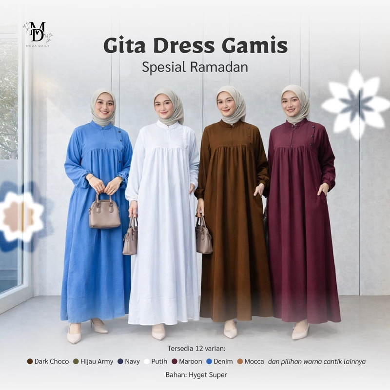 Product image MEQA DAILY - MEGA DAILY - Gita Dress Gamis Wanita Bahan Hyget Super 1073 L Hijau Army