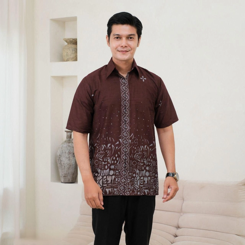 Product image Kois Batik - Baju Batik Pria Kekinian Simpel Modern Lengan Pendek Terbaru Motif sutena M Hem sutena magogany