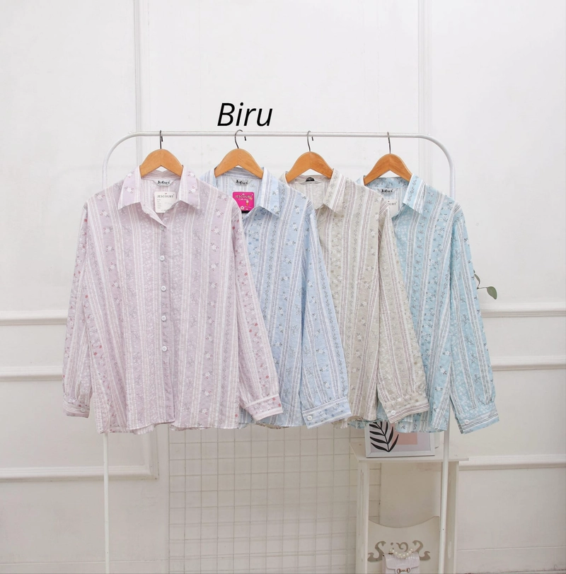 Product image Giat Makmur [TA] - Atasan Blouse Premium Bunga Cantik Salur Putih Kombinasi Allsize Biru