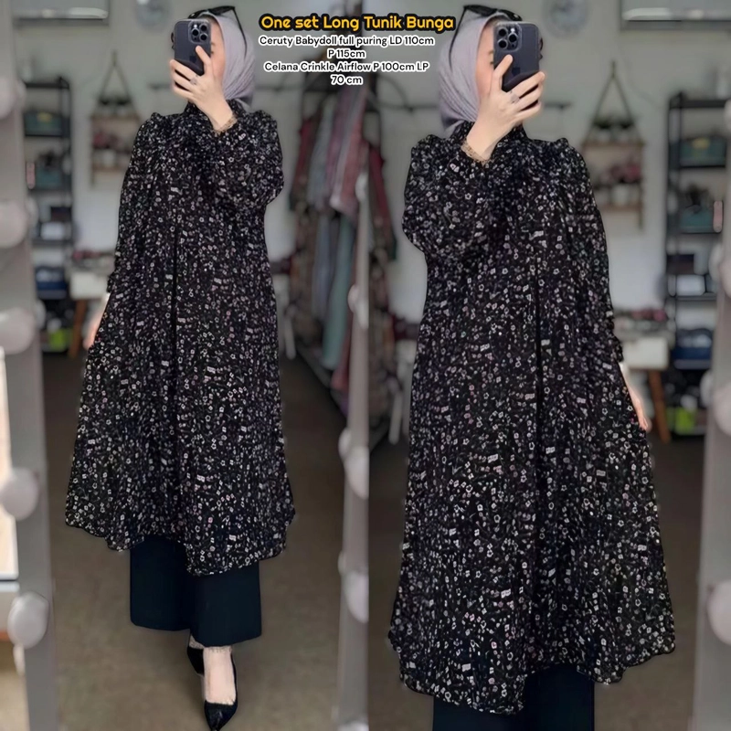 Product image Valencia - Bunga Set - One Set Wanita Long Tunik Ceruty Babydoll Setelan Wanita Kekinian LD 110 cm All Size Hitam
