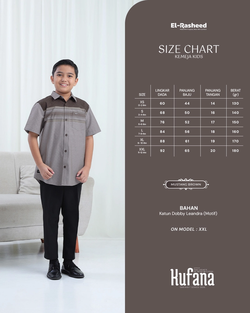 Product image Yasmeera Official - SARIMBIT 2026 KUFANA SERIES WARNA MUSTANG BROWN XS KEMEJA ANAK