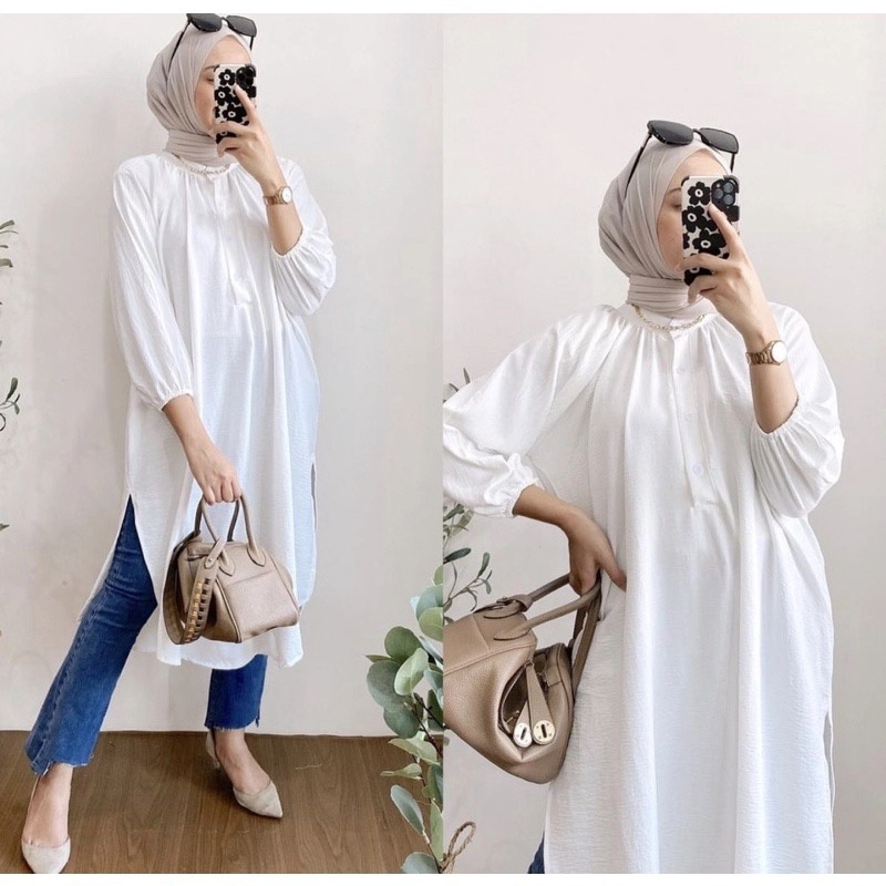 Product image Bursanekashop - Jenie Tunik - Meisa Tunik Crinkle - Atasan Muslim Wanita - Tunik Simple ALLSIZE PUTIH