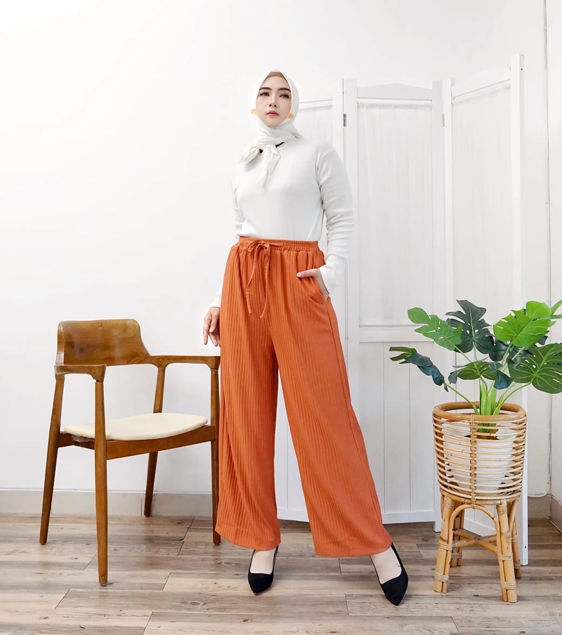 Product image Syahrinda [TA] - Celana Kulot Knit Tali Vertical Comfort Uniqloure Daily Pants Bigsize Allsize Premium Stretch Freesize Teracota