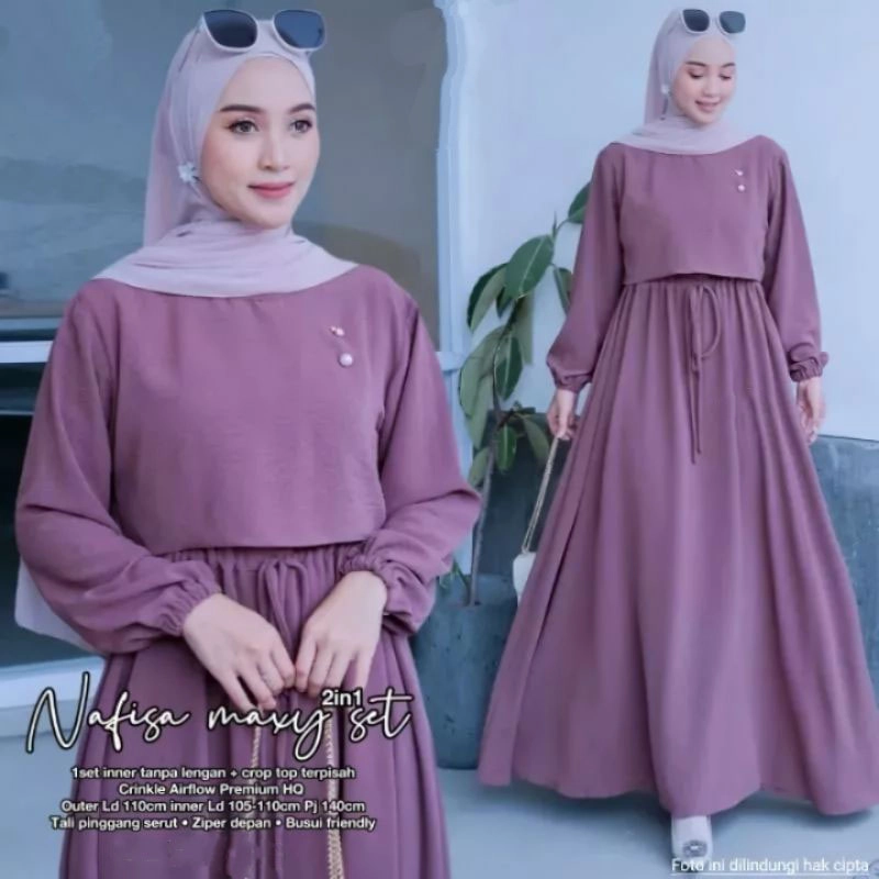 Product image MEQA DAILY - MEGA DAILY - Nafisa Maxy Set 2in1 inner+outer Gamis Wanita Bahan Hyget Super Lavender