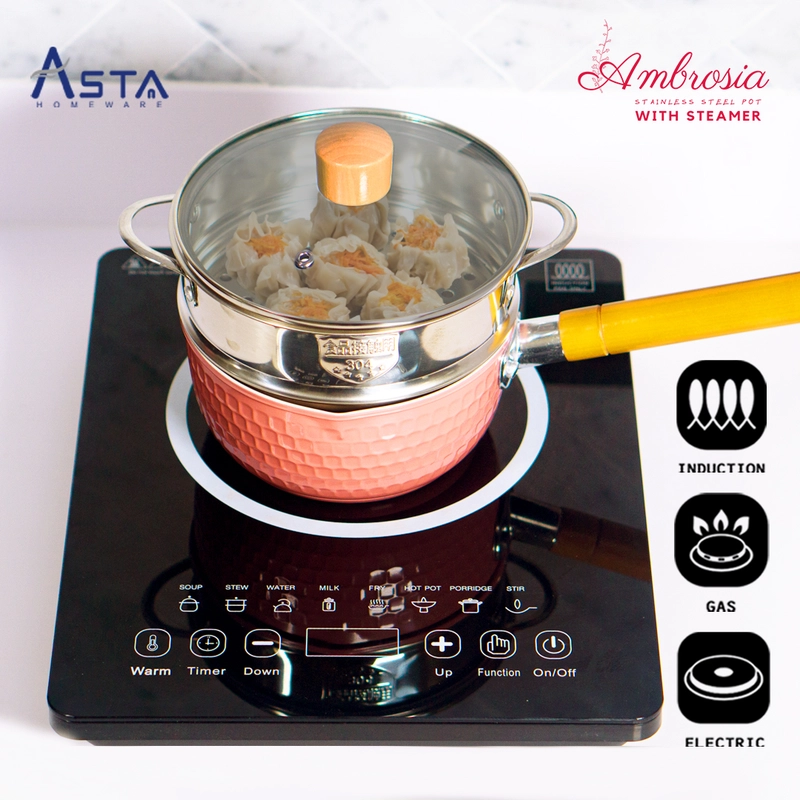 Product image Asta Sauce Pan Panci Stainless Kukusan Mpasi Anti Lengket Tutup Kaca 16 cm Warna Pink