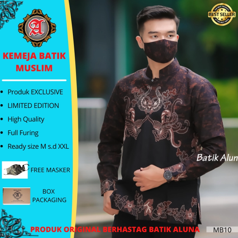 Product image Batik aluna - Mb10 baju muslim pria lengan panjang baju koko kemeja batik pria full furing premium M HITAM