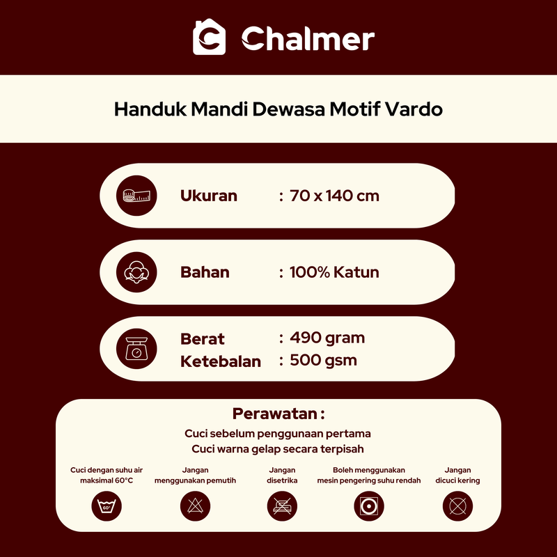 Product image Chalmer - Handuk Mandi Chalmer 70 x 140 cm Motif Vardo Handuk Mandi Dewasa Premium 70x140 cm Ruby