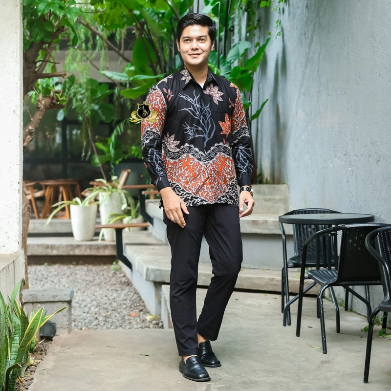 Product image Batik Alfin - New baju baju atasan batik pria dan wanita motif teratai hitam model terbaru M Kemejan teratai hitam