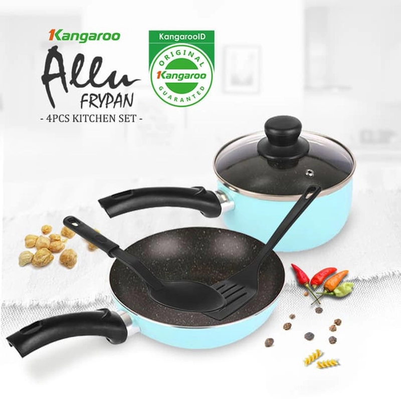Product image UTAMAMEGA - Kangaroo KG676 Panci Frypan Set Bonus Sodet& Sendok Suap 18cm & 22cm Biru