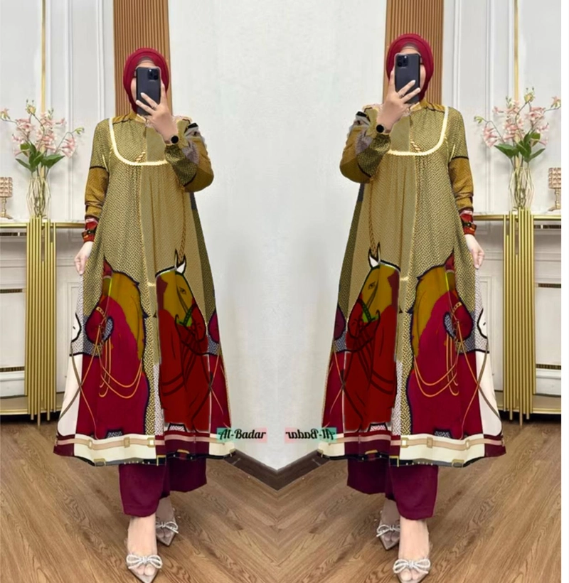 Product image Khisna collection - Oneset new motif tunik wanita kuda no hijab Allsize Red yellow