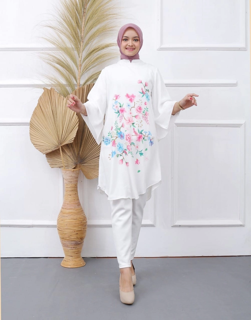 Product image Syahrinda [TA] - Tunik Dress Putih Standar to BIGSIZE Print Bunga Rose Batwings Silky Impor size 1 Putih