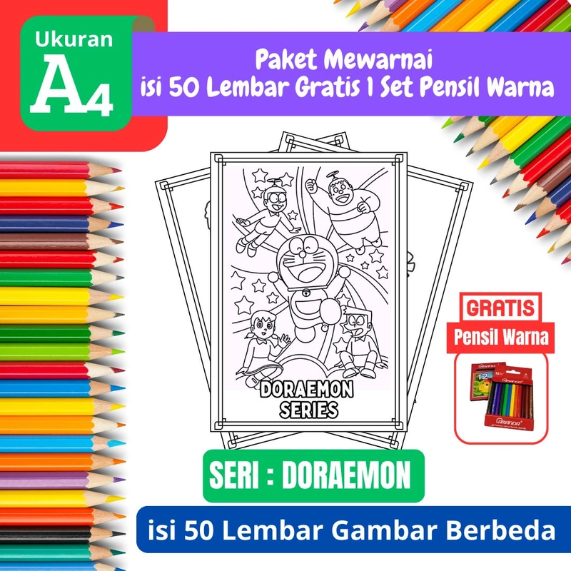 Product image FEID Store - [ EDISI DORAEMON ] Promo Paket Mewarnai isi 50 Lembar Gratis 1 Set Pensil Warna - A4 Tebal A4 TEBAL