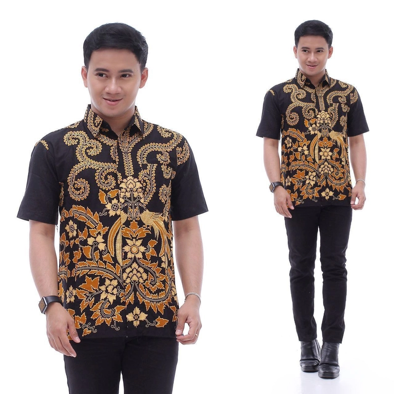 Product image Batik Berjaya kemeja pendek batik kembang cantik atau hem batik kembang cantik M Hitam kuning