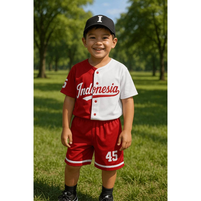 Product image Setelan Kaos Jersey Baseball Anak Tema Merah Putih Agustusan Kemerdekaan Indonesia Usia 3-12 Tahun S MERAH PUTIH