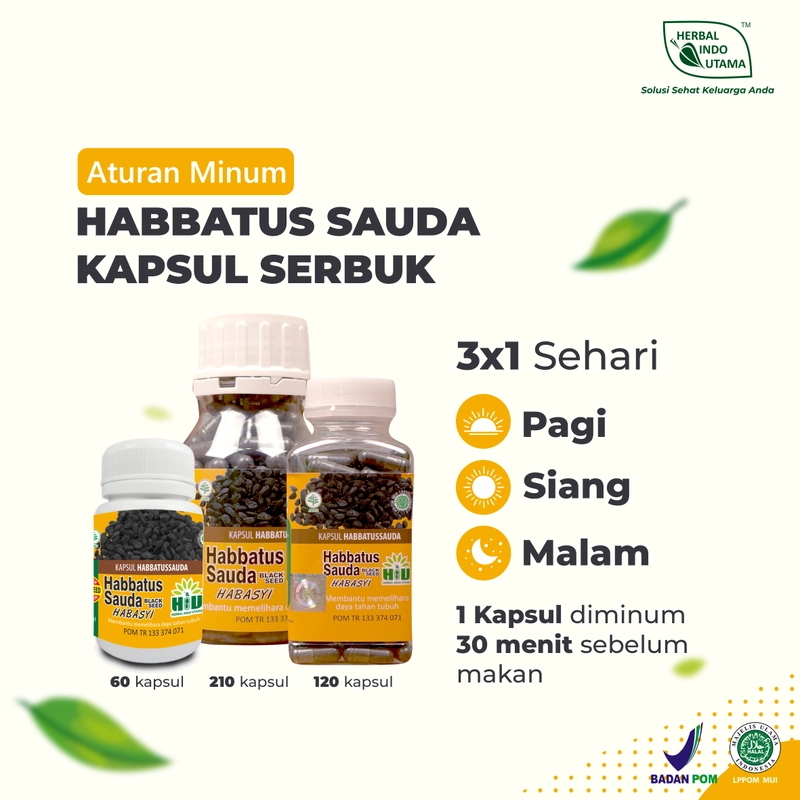 Product image Herbal Indo Utama - HABBATUS SAUDA Jaga Kesehatan & Imunitas Kapsul Serbuk isi 60 - 120 - 210 Kapsul 60 Kapsul Kapsul Serbuk