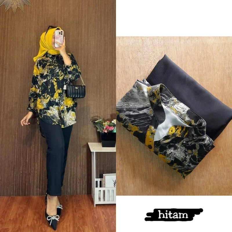 Product image Valencia - Malla Set - One Set Wanita Kemeja Shakila Import Twill Premium Setelan Baju Lengan 7/8 Set Celana P All Size Hitam
