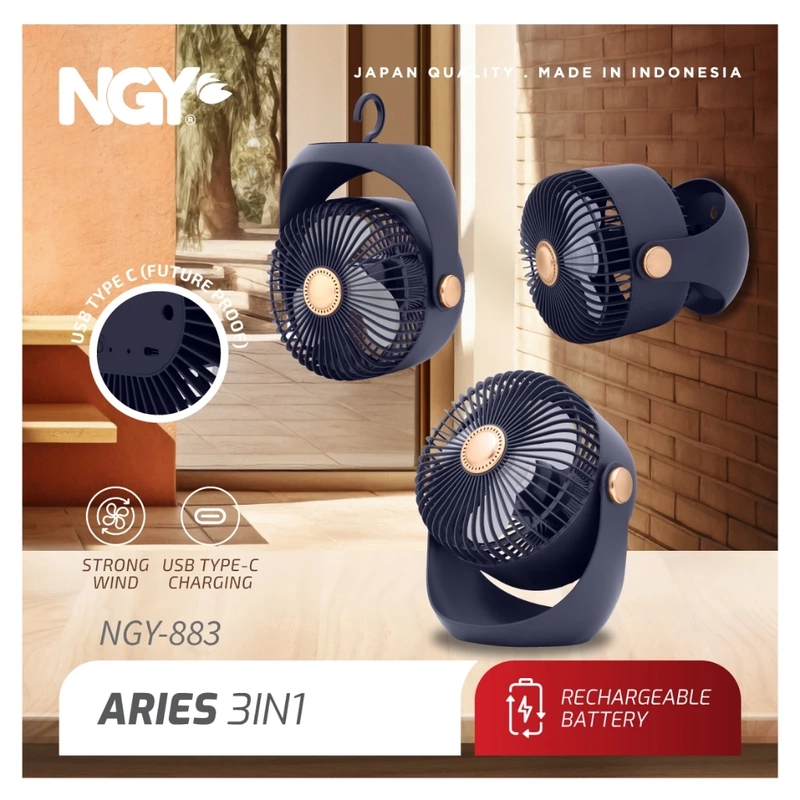 Product image UTAMAMEGA - Nagoya Aries NGY-883 Portable Rechargeable Fan 3in1 Warna Warna Random
