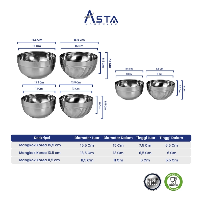 Product image Asta Homeware Official - Asta Mangkok Nasi Korea Stainless Steel Double Layer Mangkok Sup Korean Bowl Tebal Anti Panas 12 cm Polos