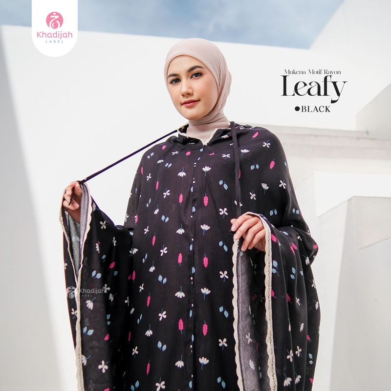 Product image KhadijahLabel - Mukena Dewasa Daily Resleting Dagu Motif Leafy Semi Jumbo Black