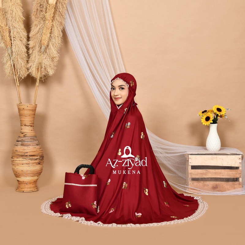 Product image Azziyad Mukena - Mukena Dewasa Katun Rayon Motif Bunga Melati Full Bordir Renda Giper All SIze Maroon