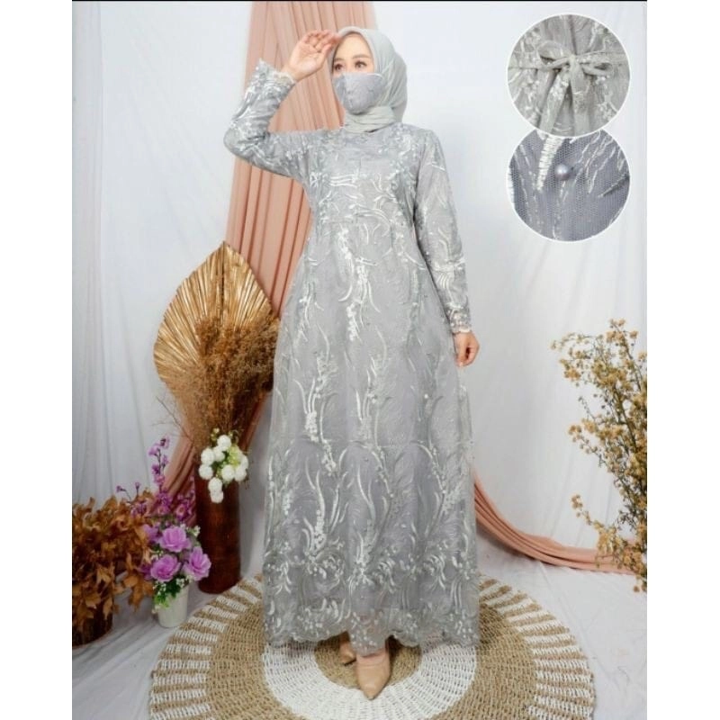 Product image maxi dress brokat farCT realpict M-L abu