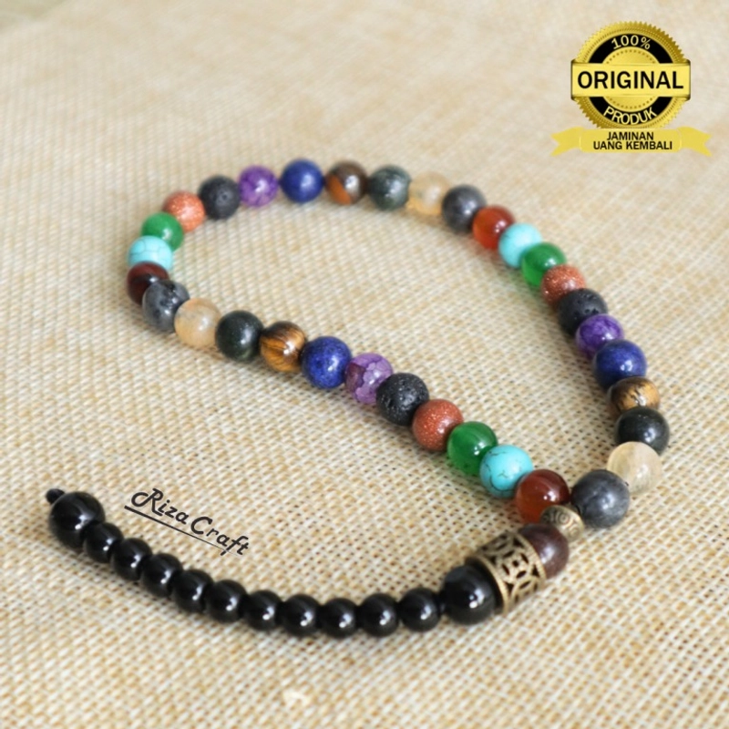 Product image Riza Craft - Tasbih Batu Akik Alam Agate Pirus Giok Lava Kecubung Lapis Lazuli Pasir Emas Tiger Eye Black Jade Ci 33 Butir Mix