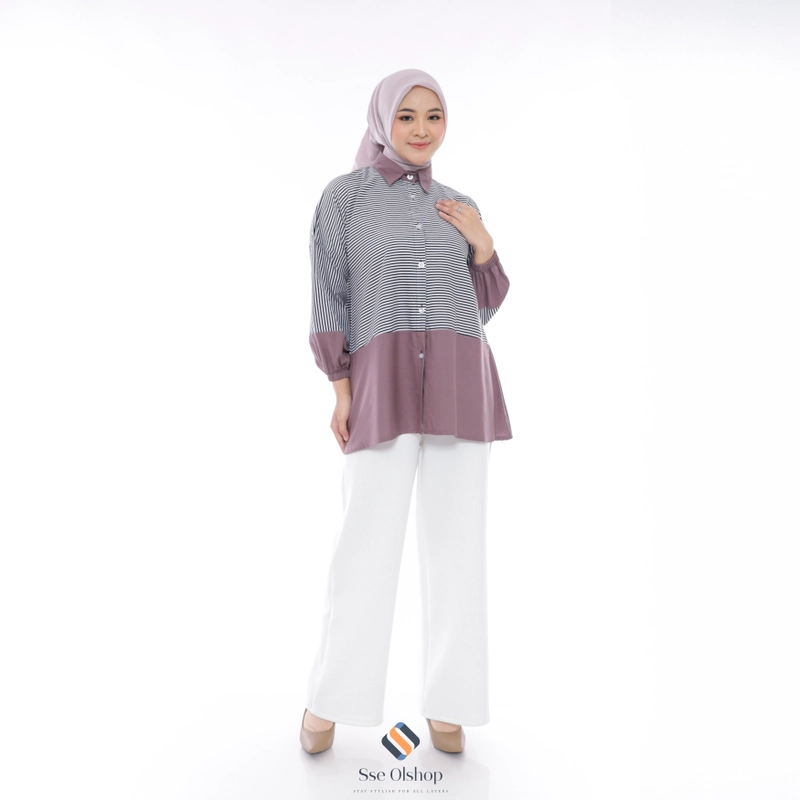 Product image Sseolshop - Maddie baju atasan wanita terbaru / kemeja wanita kombinasi katun rayon twill L Dark plum
